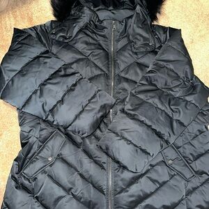 LANE BRYANT BLACK HEAVY FILL PUFFER REMOVABLE HOOD COAT JACKET 26/28 FAUX FUR